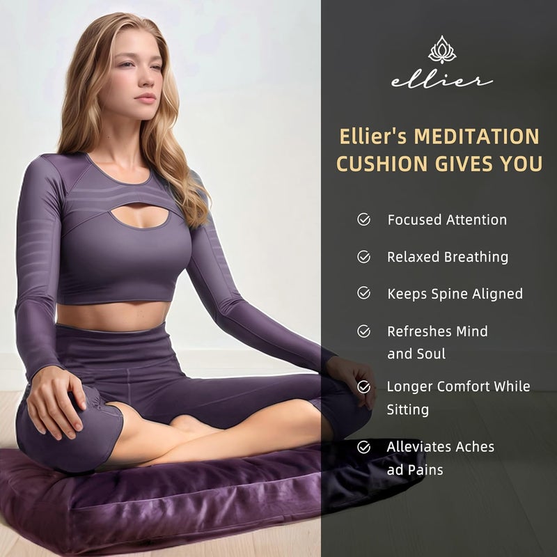 ellier Zafu & Zabuton Meditation Cushion Set - Buckwheat Hull & Memory Foam Pillows, Ergonomic Support for Yoga, Mindfulness - Organic Velvet Cover, Large Size, Durable Comfort (Purple) - Image 4